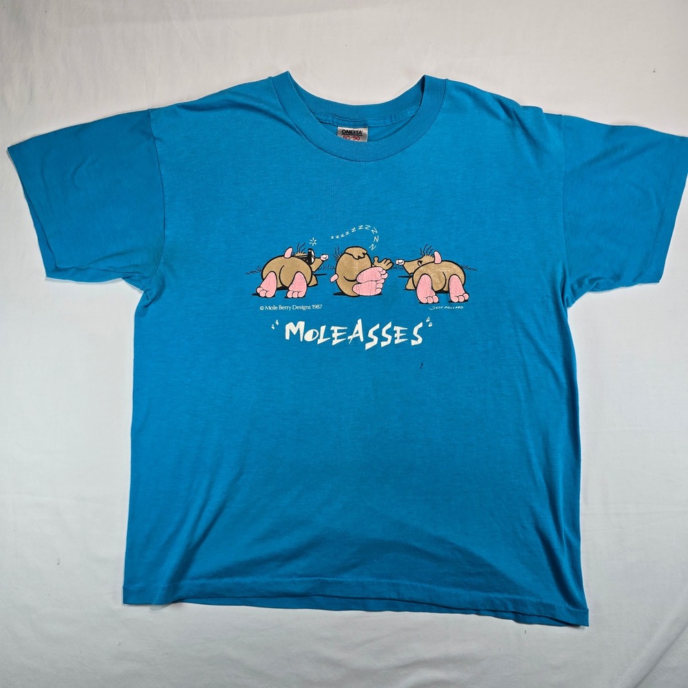 Vintage 1987 Moleasses T Shirt Oneita 50/50 Blue Graphic Tee XL Mole Berry